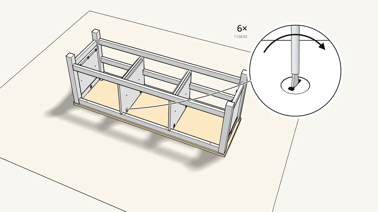 Step 20: Insert 6 cam locks (110630) and turn them clockwise. — IKEA HEMNES assembly