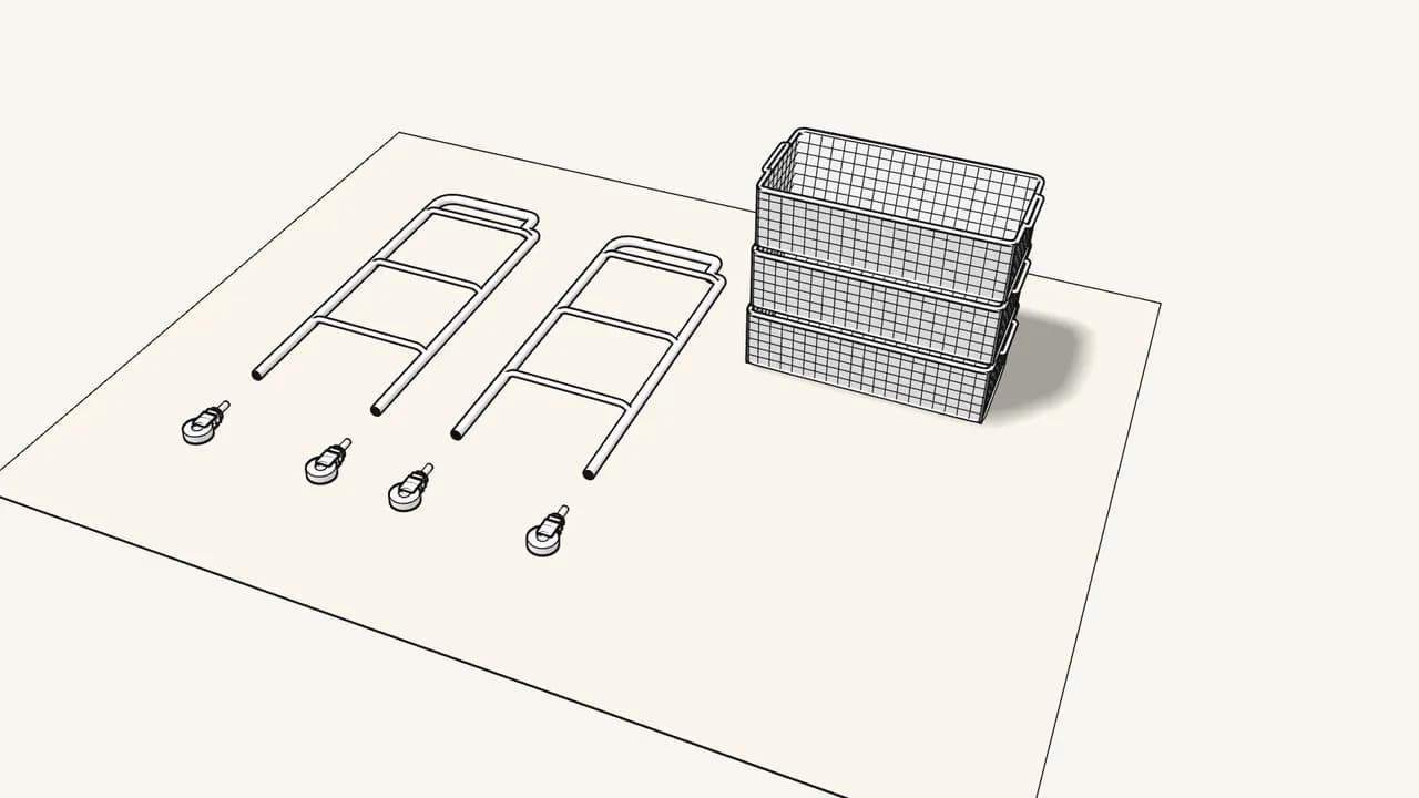 Step 1: In the box: 2 side frames, 4 castors and 3 wire baskets. — IKEA HORNAVAN assembly