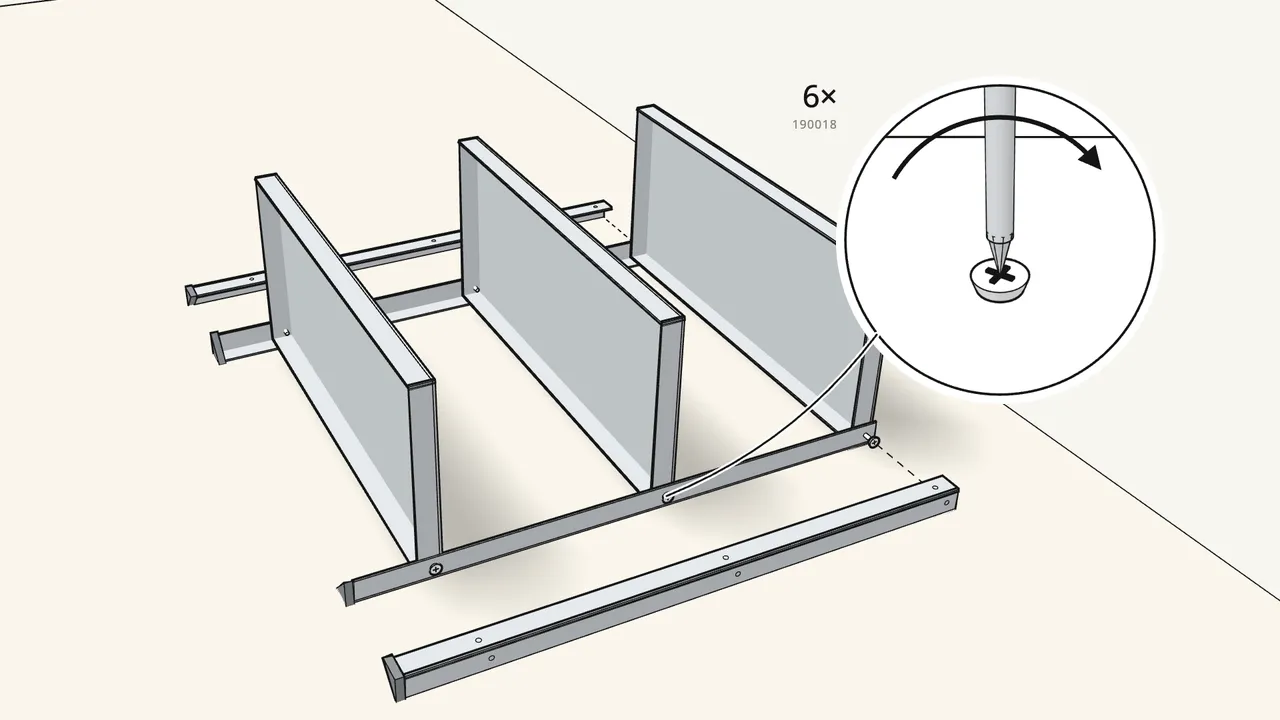 Step 4: Screw each shelf to both posts — 6 screws (190018). — IKEA HYLLIS assembly