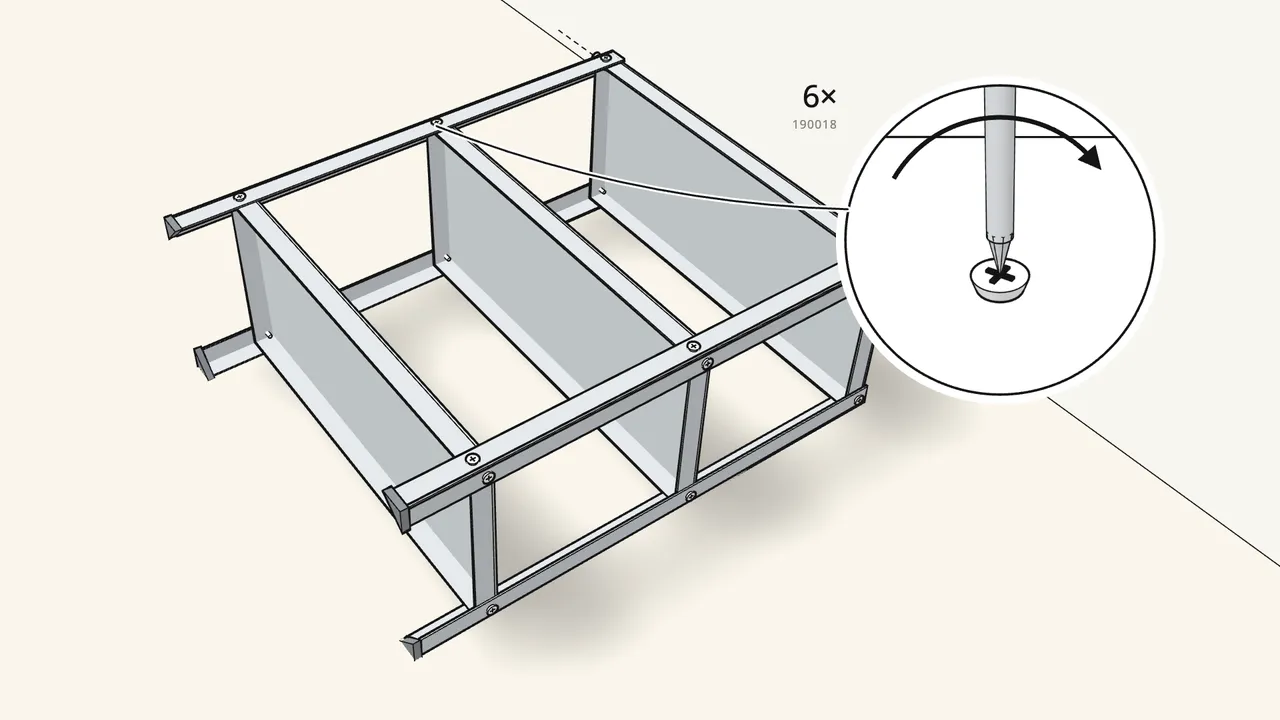 Step 7: Then 6 more screws (190018) into the sides. — IKEA HYLLIS assembly