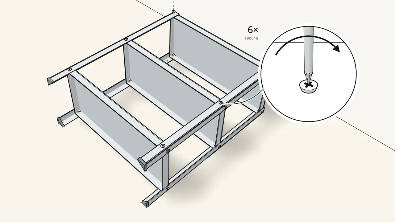 Step 9: Screw the posts to the shelves on this side too — 6 screws (190018). — IKEA HYLLIS assembly