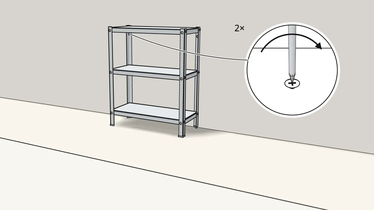 Step 13: Screw both back posts to the wall near the top — 2 screws. — IKEA HYLLIS assembly