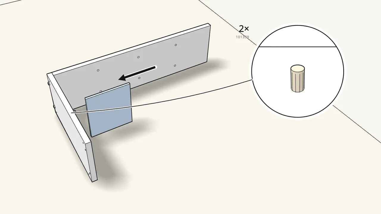 Step 2: Tap 2 dowels (101339) into the short panel and fit a divider. — IKEA KALLAX assembly