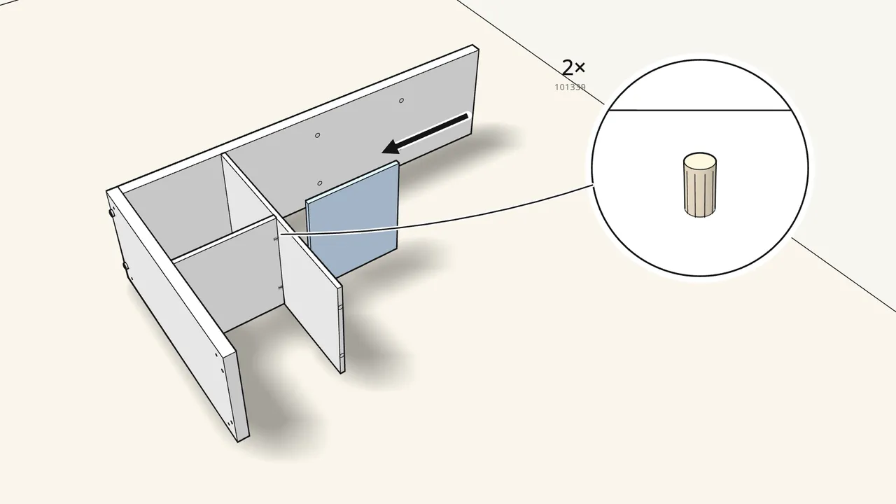 Step 4: Put 2 dowels in the middle of the shelf and fit the next divider. — IKEA KALLAX assembly