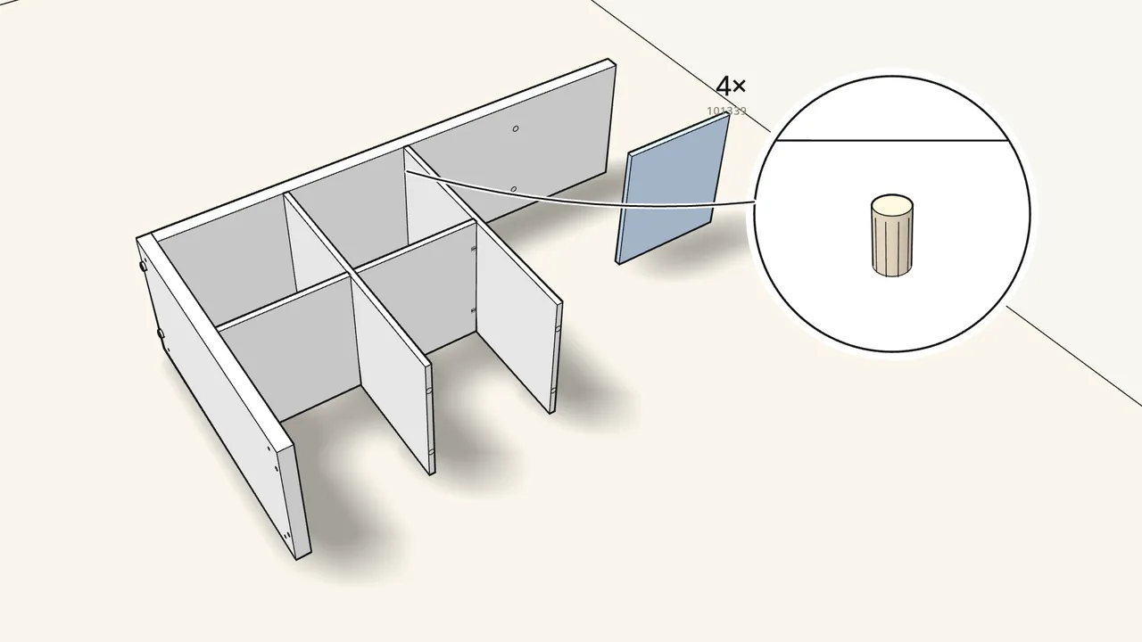 Step 5: Repeat: dowels + shelf, then dowels + divider. — IKEA KALLAX assembly
