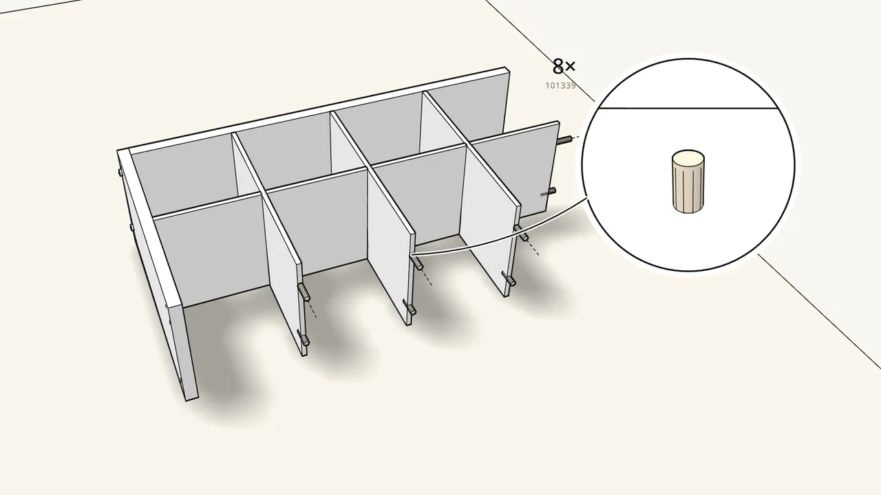 Step 7: Push 8 dowels into the free ends of the shelves and the last divider. — IKEA KALLAX assembly
