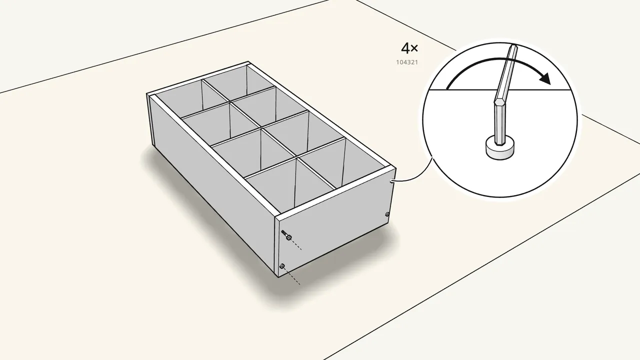 Step 10: Fix it with 4 bolts (104321) and the Allen key. — IKEA KALLAX assembly