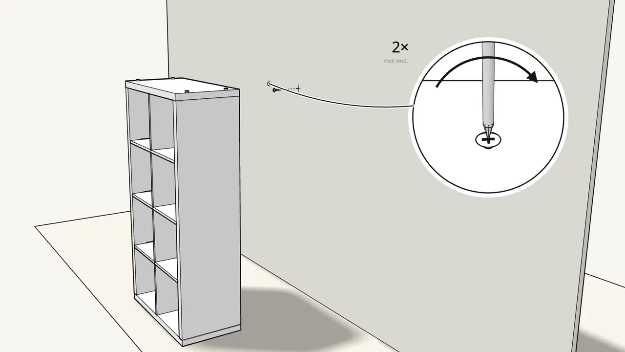 Step 16: Move the unit away and drive 2 screws into the wall. — IKEA KALLAX assembly