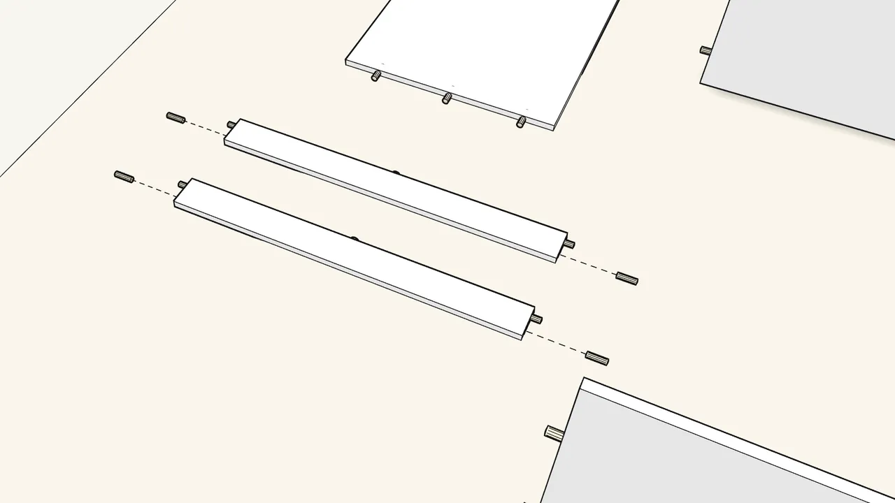 Step 6: Press a glide (153548) into each rail, then push in 8 dowels. — IKEA KLEPPSTAD assembly
