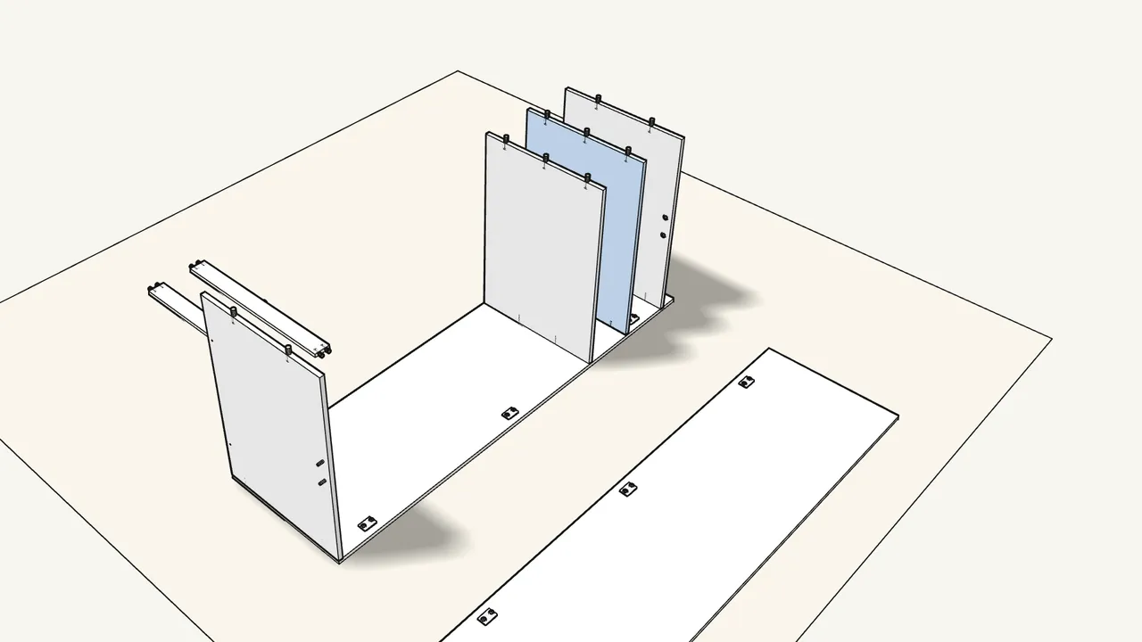 Step 7: Turn the frame onto its side. Fit the second shelf onto its dowels. — IKEA KLEPPSTAD assembly