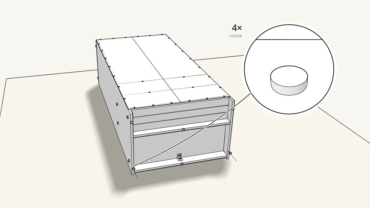 Step 14: Press 4 glides (153548) into the bottom edges of the sides. — IKEA KLEPPSTAD assembly