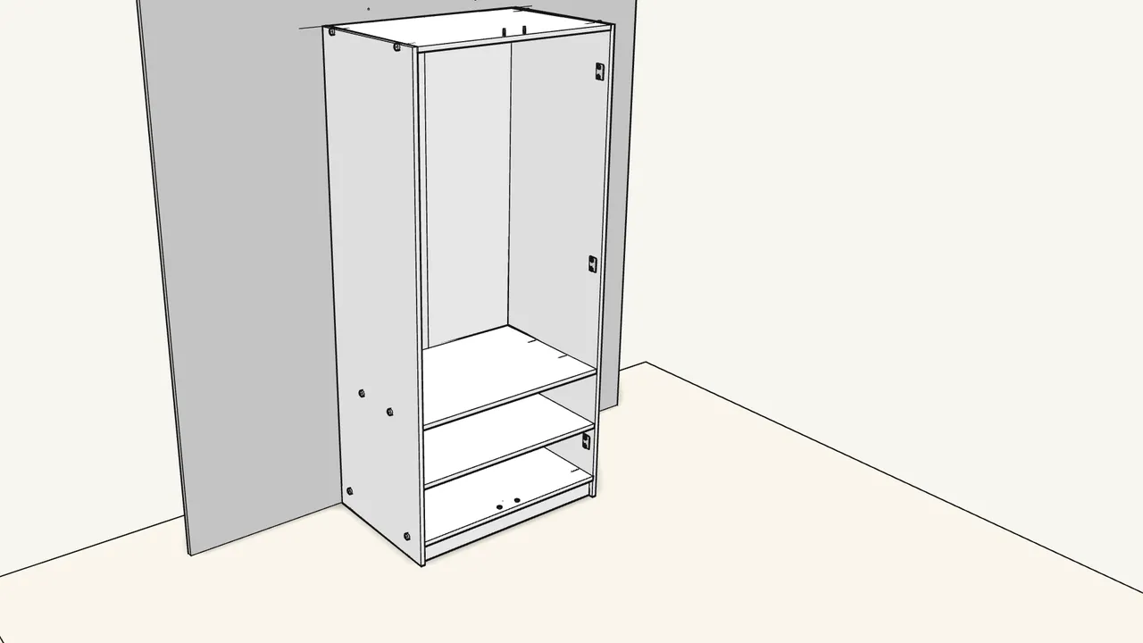Step 15: Raise the wardrobe with two people. Mark the top edge on the wall. — IKEA KLEPPSTAD assembly
