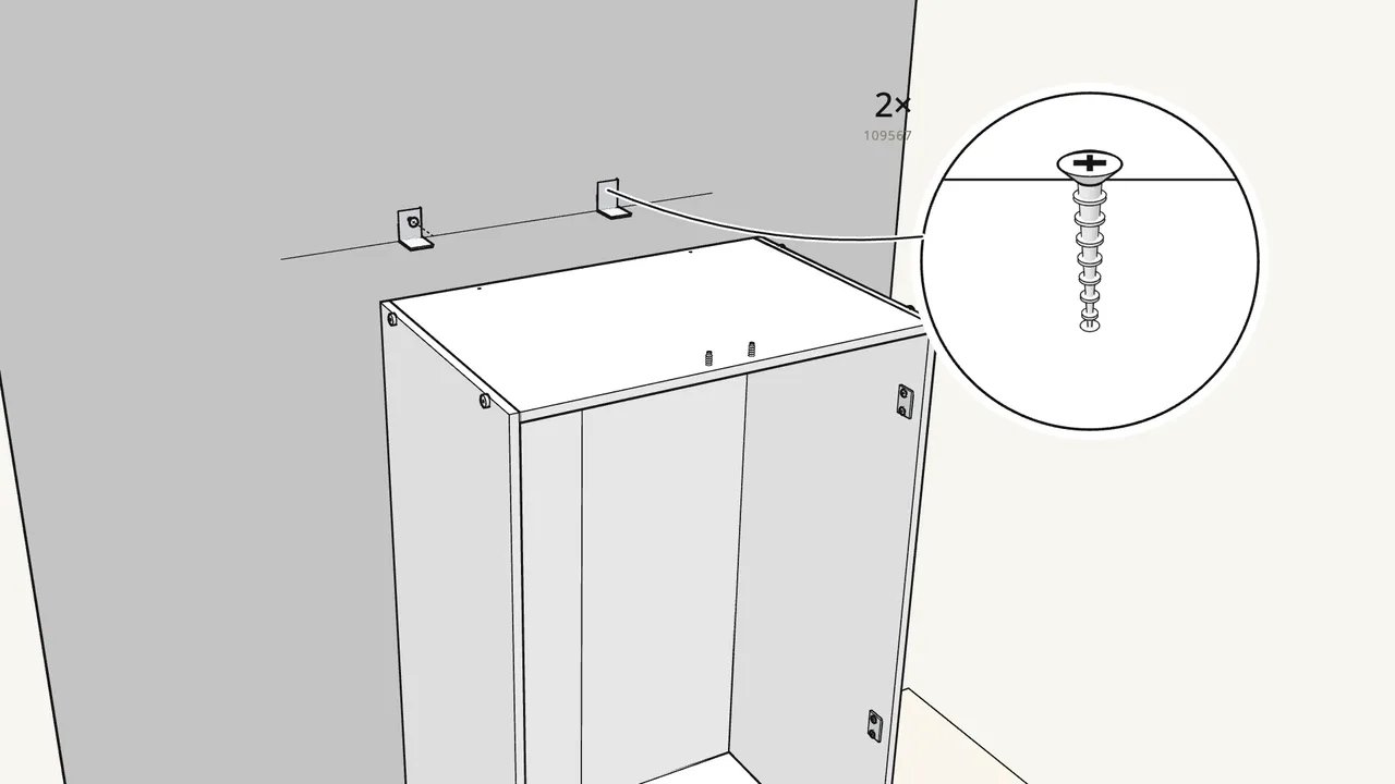 Step 16: Pull the wardrobe out. Screw the 2 wall brackets (106989) to the wall. — IKEA KLEPPSTAD assembly