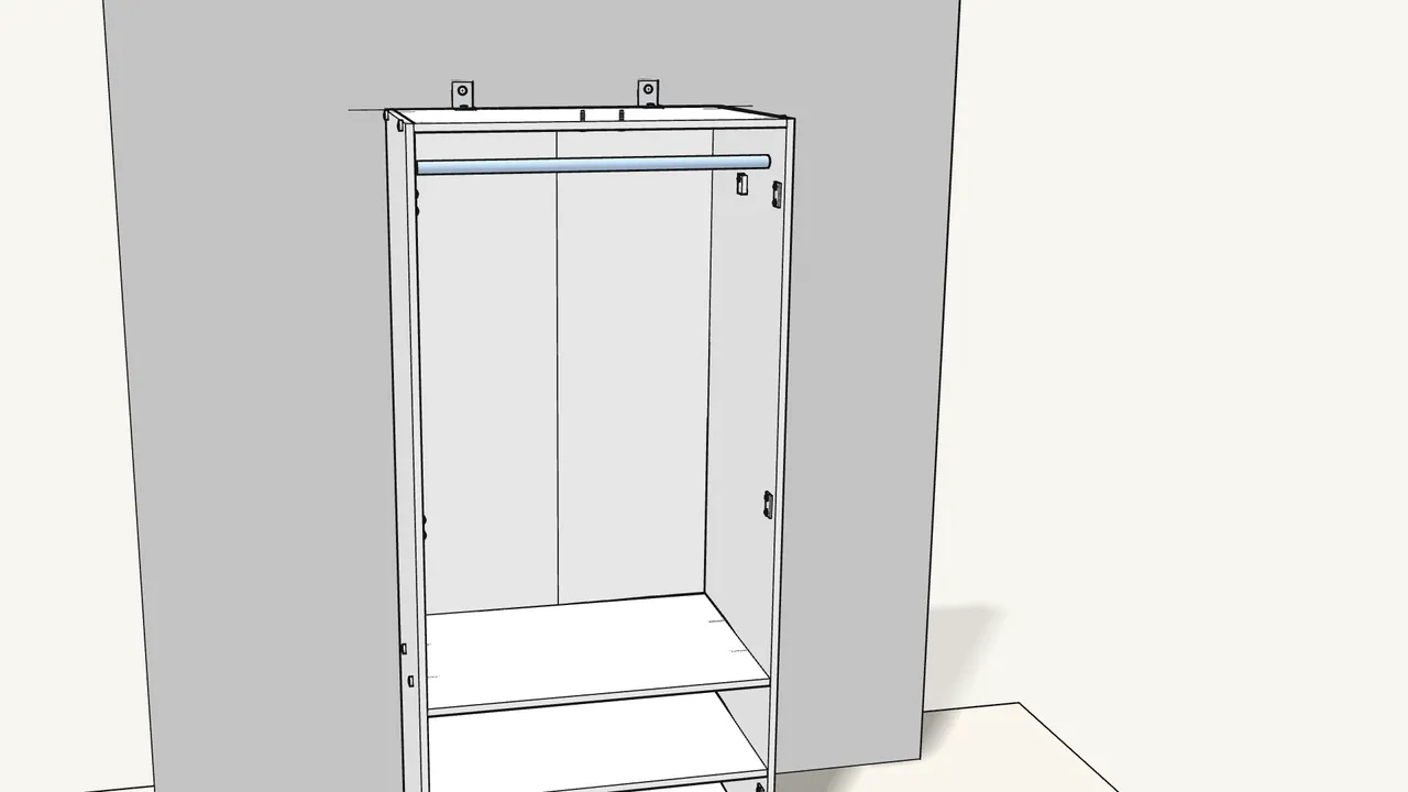 Step 18: Screw on the 2 rail holders (157306) and drop in the clothes rail. — IKEA KLEPPSTAD assembly