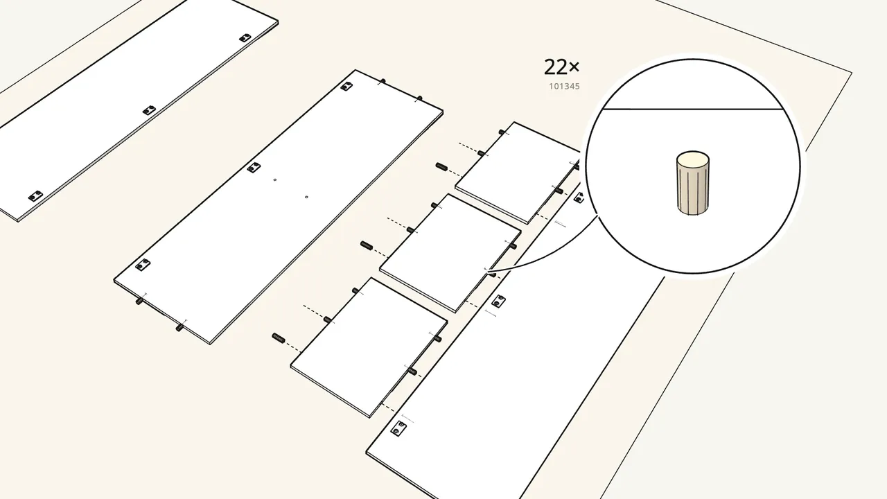 Step 2: Push 4 dowels into the divider and 18 into the 3 shelves. — IKEA KLEPPSTAD assembly