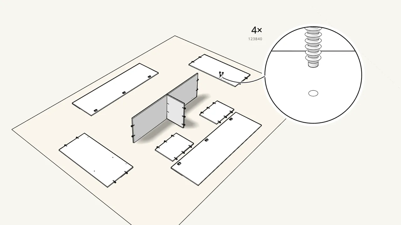 Step 4: Push 8 dowels into the top and bottom panels. Tap in 4 fittings. — IKEA KLEPPSTAD assembly