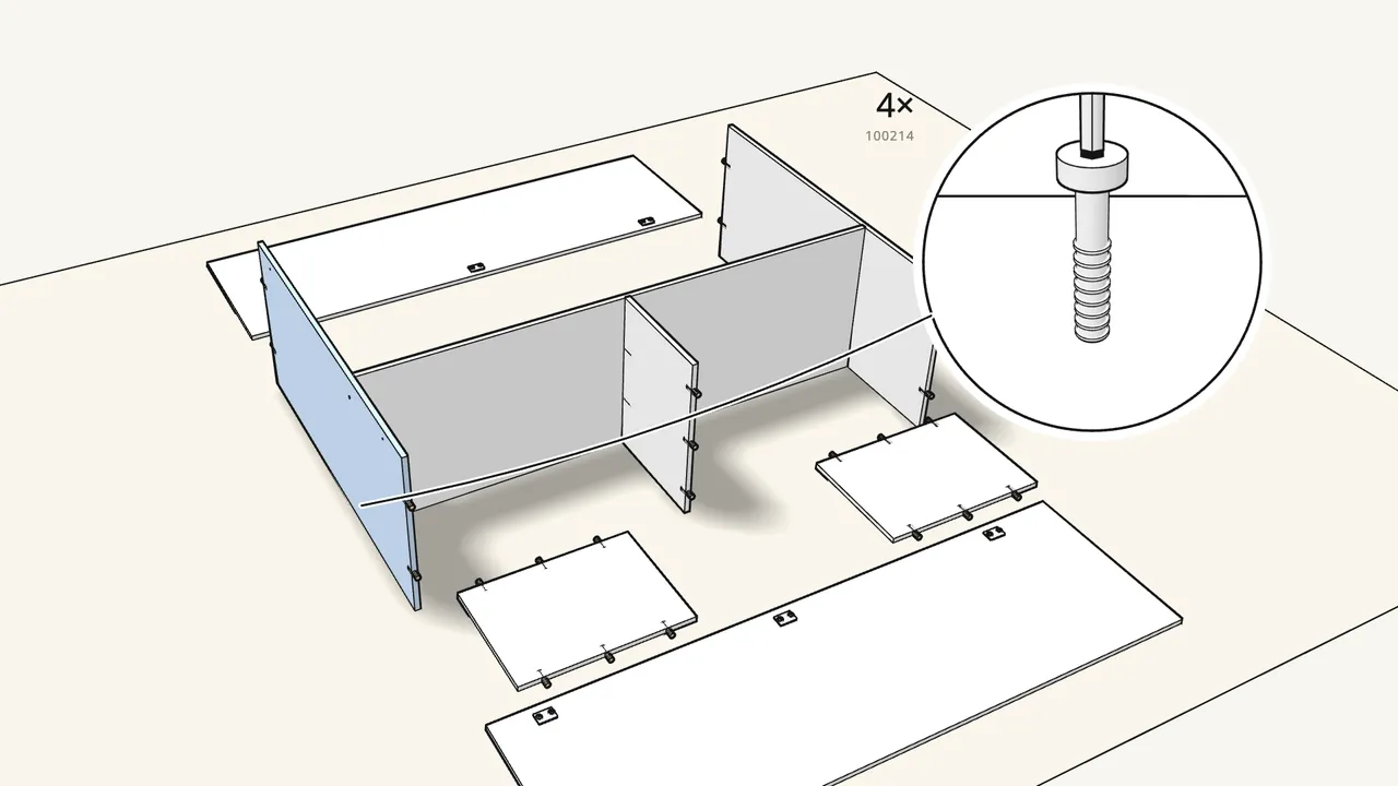 Step 6: Fit the bottom and top panels to the divider — 2 screws each. — IKEA KLEPPSTAD assembly
