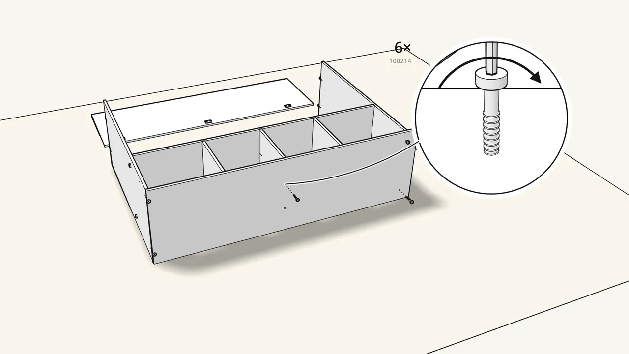 Step 8: Fit the right side panel and fix it with 6 screws (100214). — IKEA KLEPPSTAD assembly