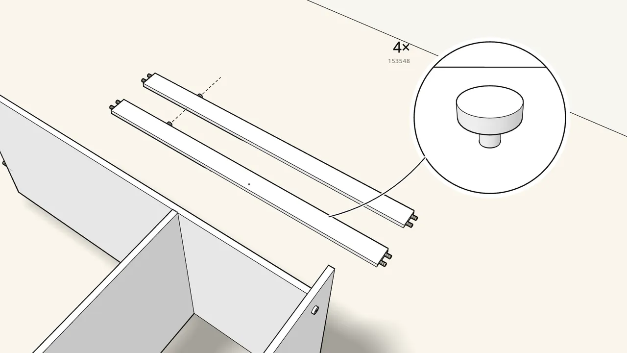 Step 9: Push 4 dowels into each plinth rail, then press in 2 glides each. — IKEA KLEPPSTAD assembly