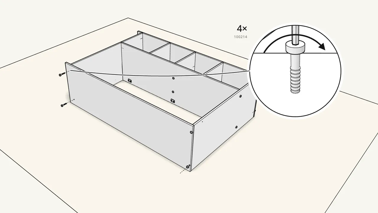 Step 11: Fit the left side panel and fix it with 4 screws (100214). — IKEA KLEPPSTAD assembly