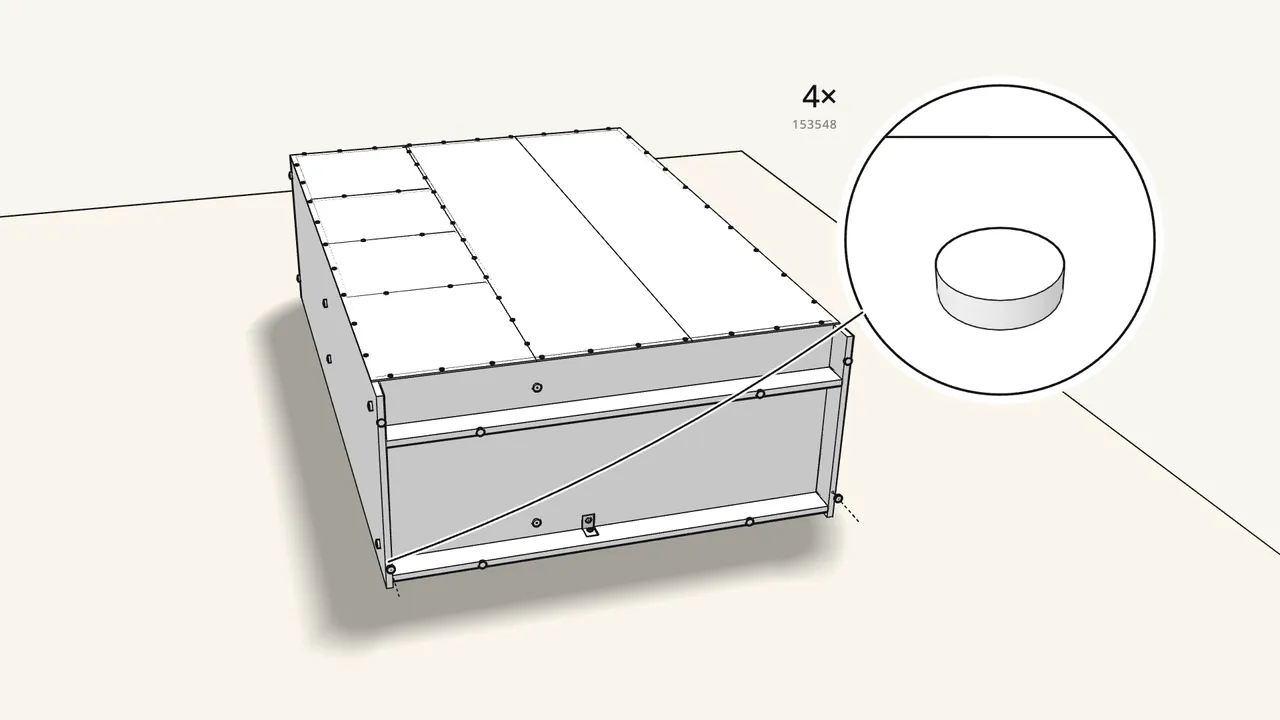 Step 14: Press 4 glides (153548) into the bottom edges of the sides. — IKEA KLEPPSTAD assembly