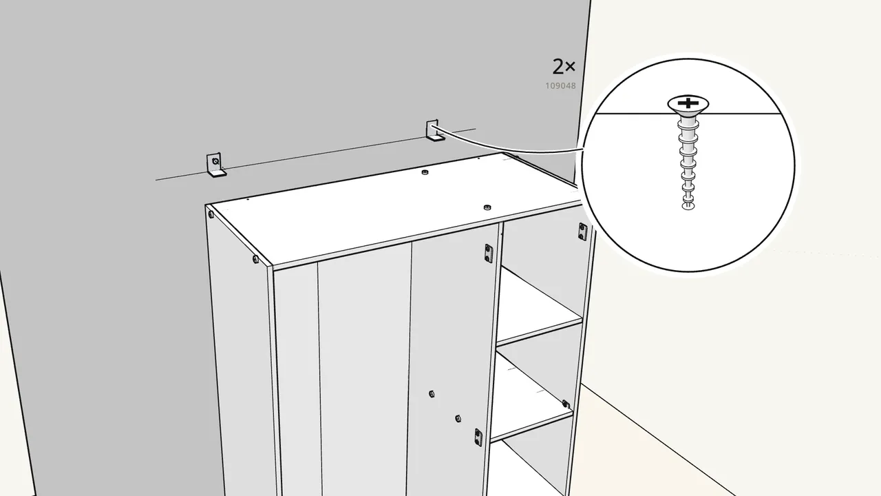Step 17: Pull the wardrobe out. Screw the 2 wall brackets (106989) to the wall on the line. — IKEA KLEPPSTAD assembly