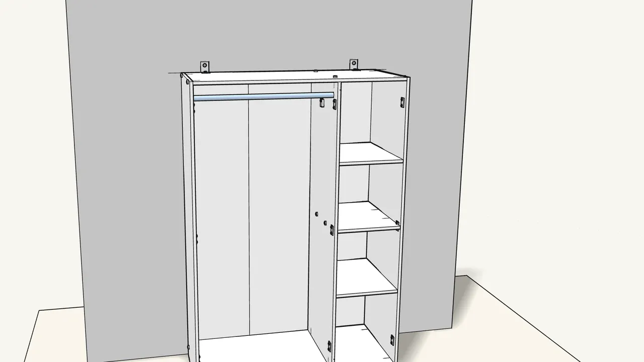 Step 19: Screw on the 2 rail holders (157306) and drop in the clothes rail. — IKEA KLEPPSTAD assembly