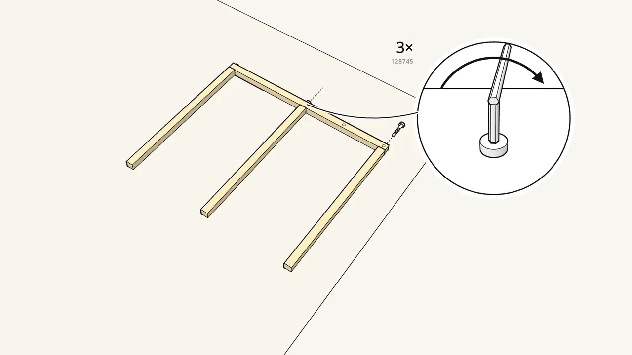 Step 1: Screw the three cross rails to the first end post. — IKEA KURA assembly
