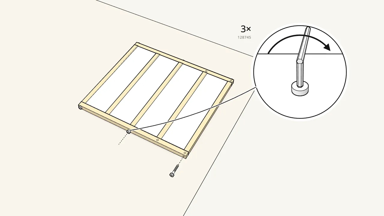 Step 4: Fit the second end post and fix it with 3 screws (128745). — IKEA KURA assembly