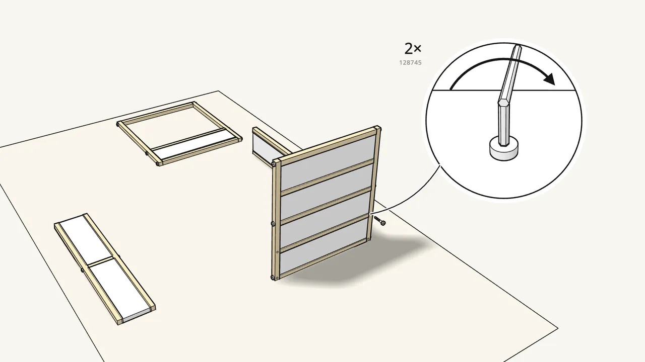 Step 11: Screw one side panel to end frame A — 2 screws. — IKEA KURA assembly