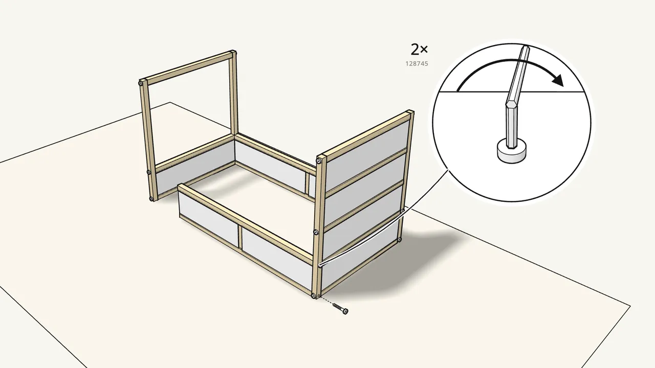 Step 13: Fix the front side panel to end frame A — 2 screws. — IKEA KURA assembly