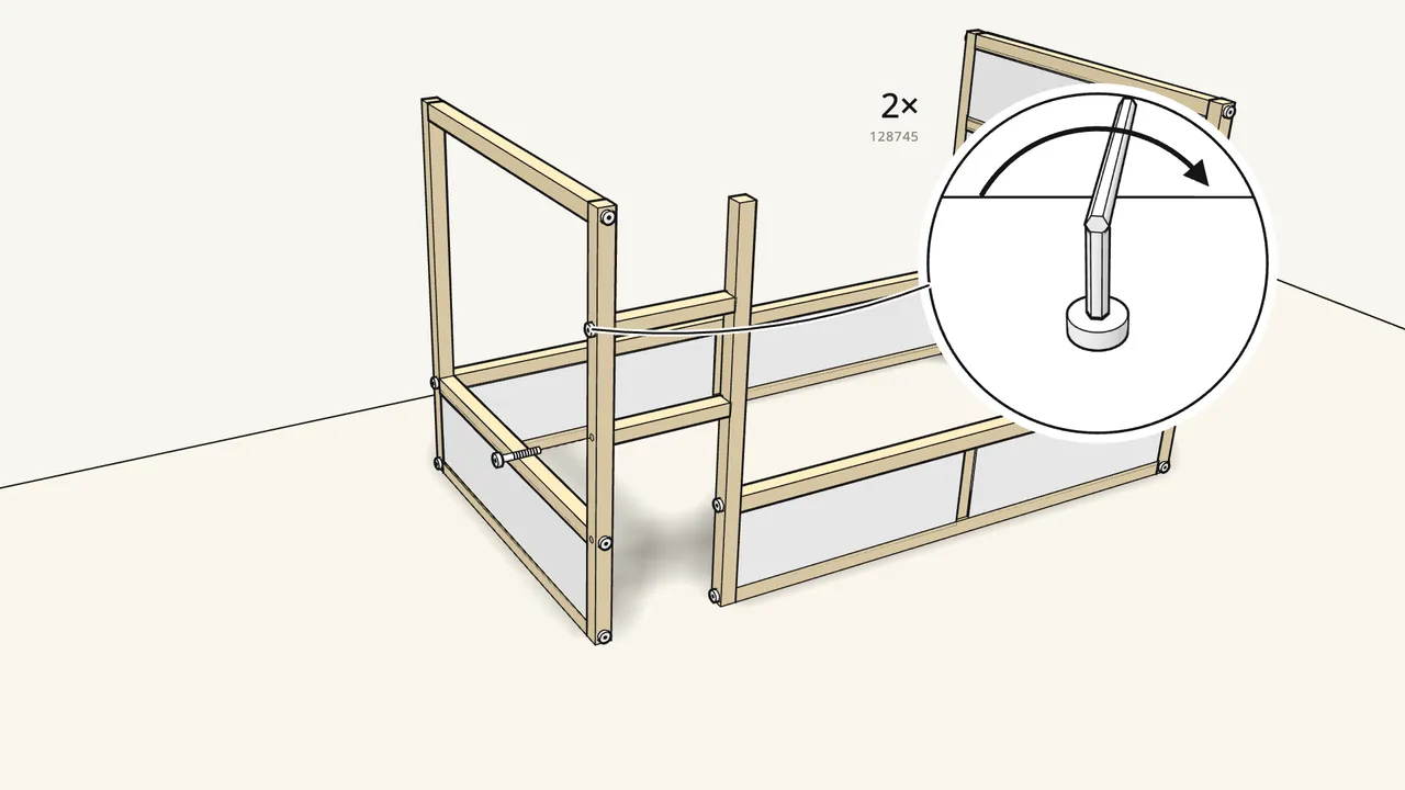 Step 15: Push in two ladder rungs and screw them to the end frame. — IKEA KURA assembly