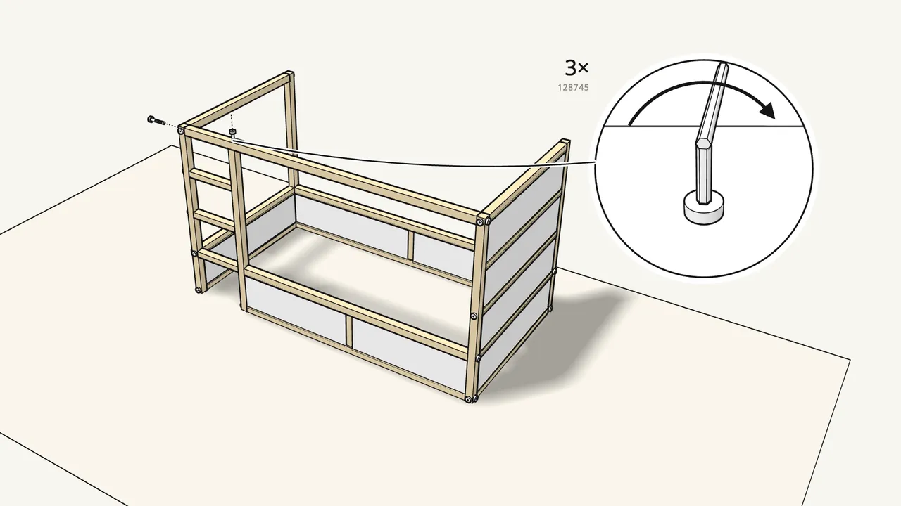 Step 17: Place the front floor rail on top and screw it in place. — IKEA KURA assembly