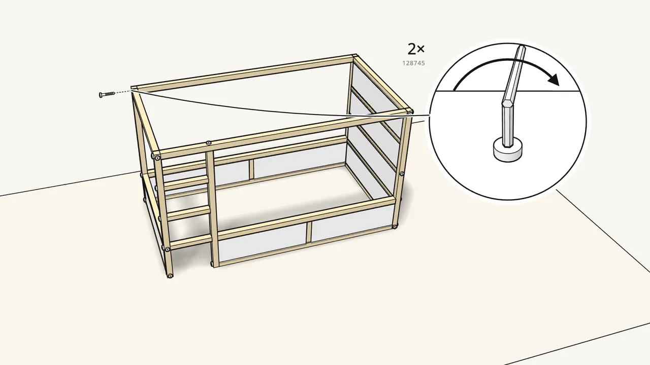 Step 18: Add the back floor rail the same way — 2 screws. — IKEA KURA assembly