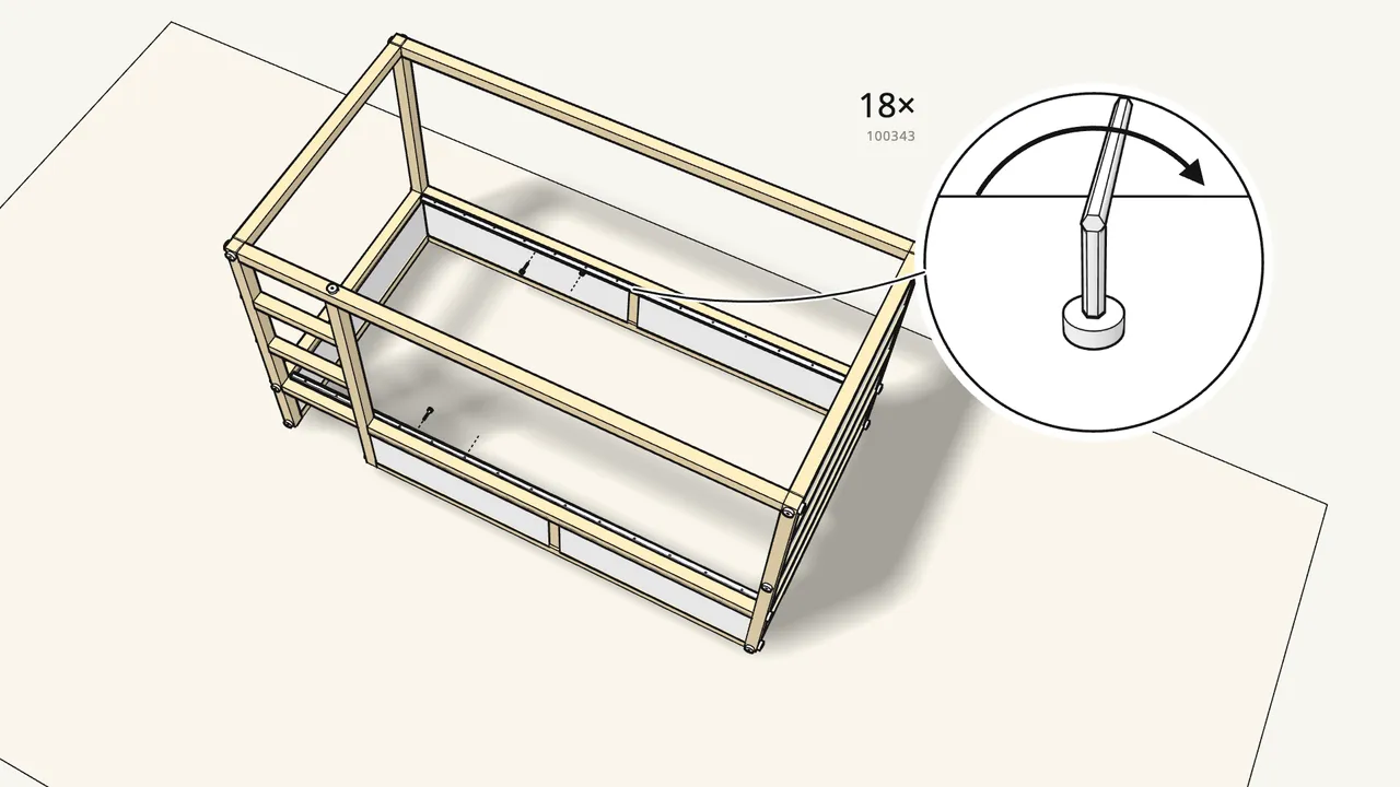 Step 19: Screw the two metal slat rails (147717) inside the side panels. — IKEA KURA assembly
