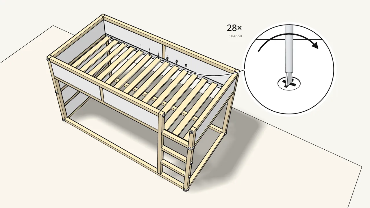 Step 22: Fix each slat end: plug (105160) from below, pin (104850) from above. — IKEA KURA assembly