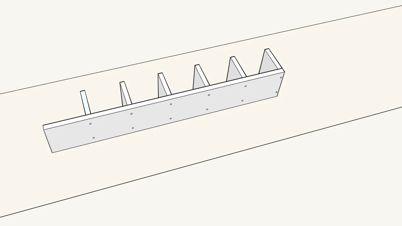Step 1: Stand the long panel on edge and line up 6 shelves behind it. — IKEA LACK assembly