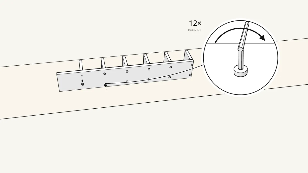 Step 2: Fix them with 12 screws (104323/5) and the Allen key — 2 per shelf. — IKEA LACK assembly