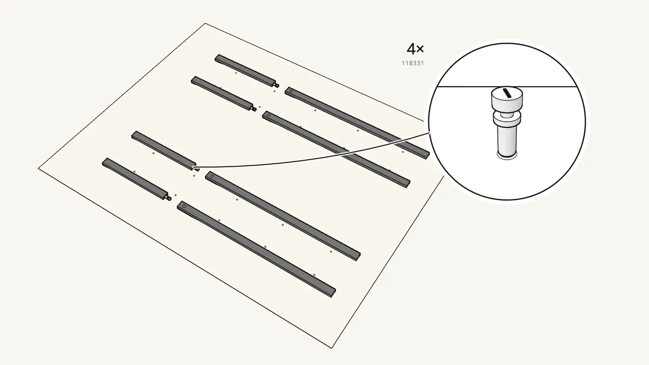 Step 1: Screw 4 cam bolts (118331) into the 4 short post pieces. — IKEA LAIVA assembly