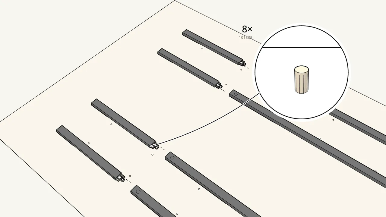 Step 2: Push 2 wooden dowels (101339) in beside each cam bolt. — IKEA LAIVA assembly