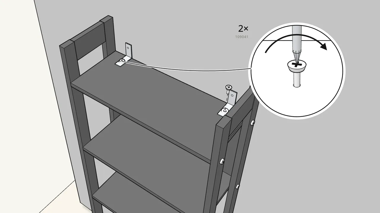 Step 13: Screw 2 wall brackets (106989) onto the top shelf. — IKEA LAIVA assembly
