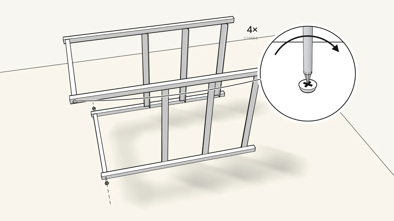 Step 2: Fix the cross bars with 4 screws (116654). — IKEA LENNART assembly