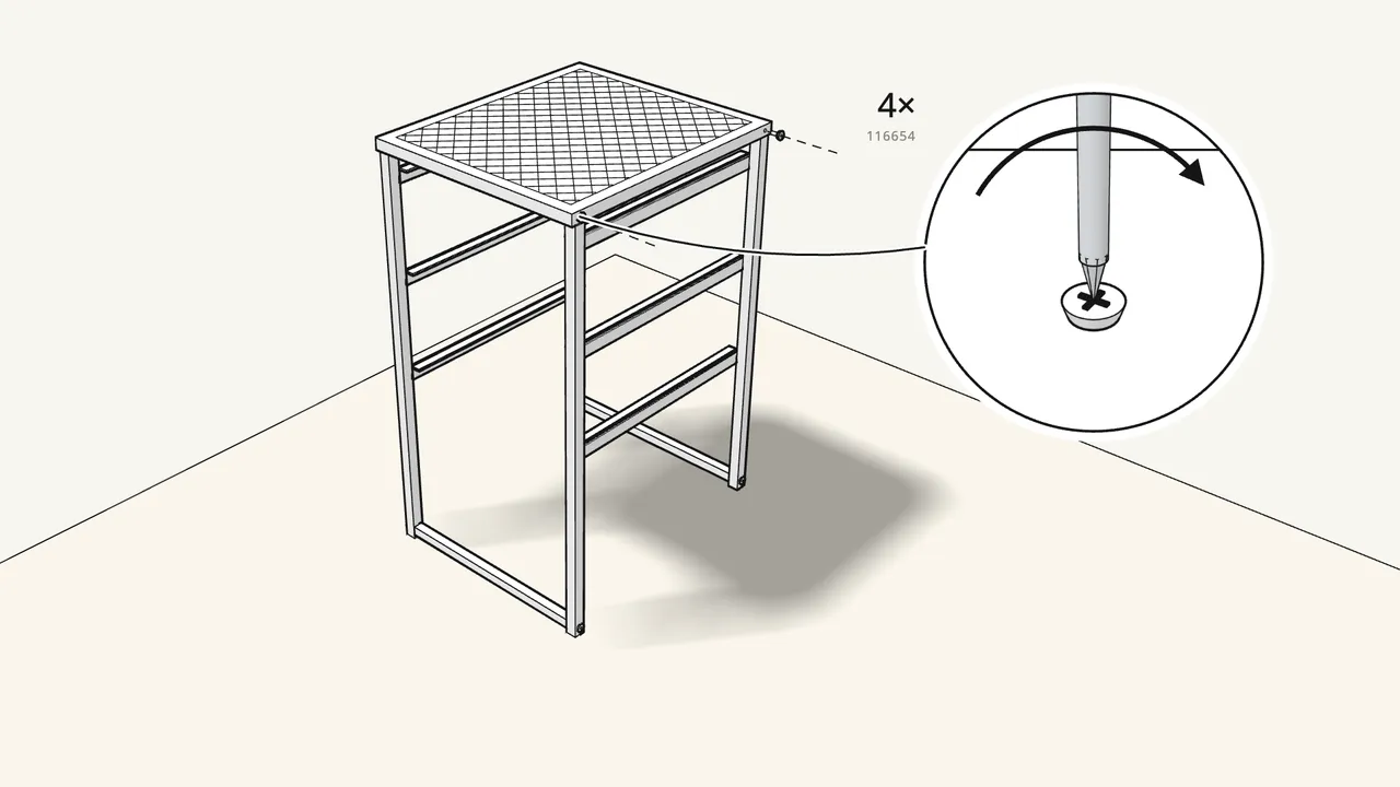 Step 5: Screw the top to the posts with 4 screws (116654). — IKEA LENNART assembly
