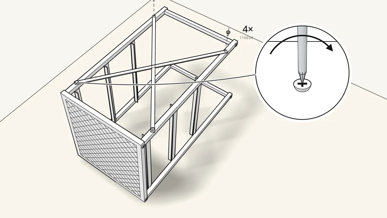 Step 7: Screw the 2 cross braces to the back posts — 4 screws. — IKEA LENNART assembly