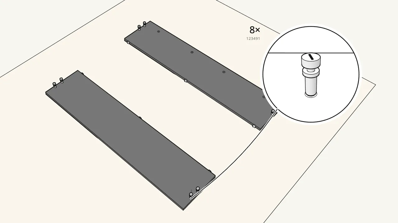 Step 2: Screw 8 connector bolts (123491) into the panel ends. — IKEA MALM assembly