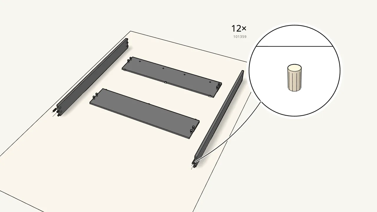 Step 3: Push 12 short dowels (101359) into the rail ends. — IKEA MALM assembly