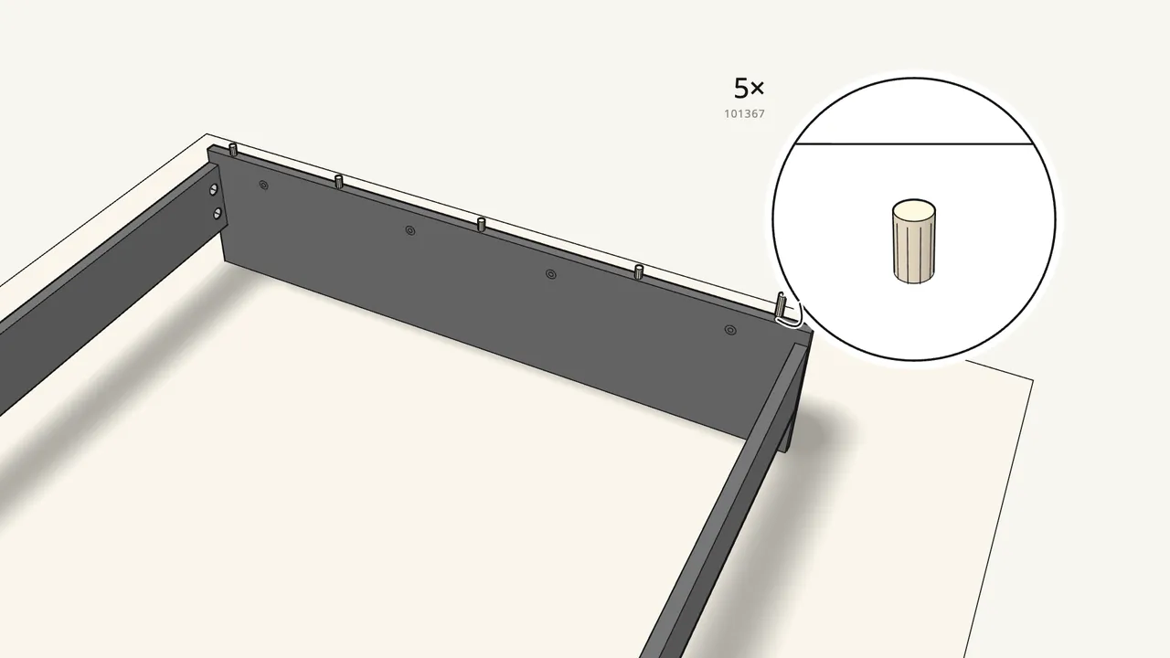 Step 8: Push 5 long dowels (101367) into the top edge of the head panel. — IKEA MALM assembly