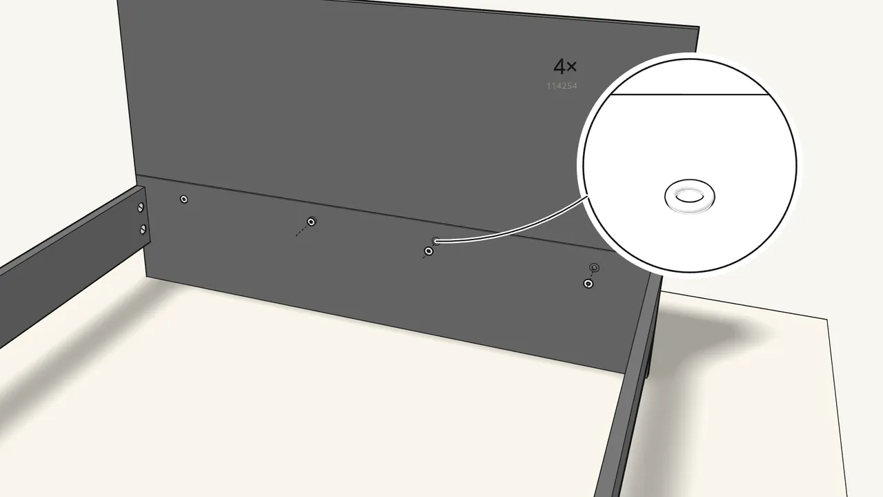 Step 11: Fit 4 plastic inserts (122998), then tighten 4 nuts (114254). — IKEA MALM assembly