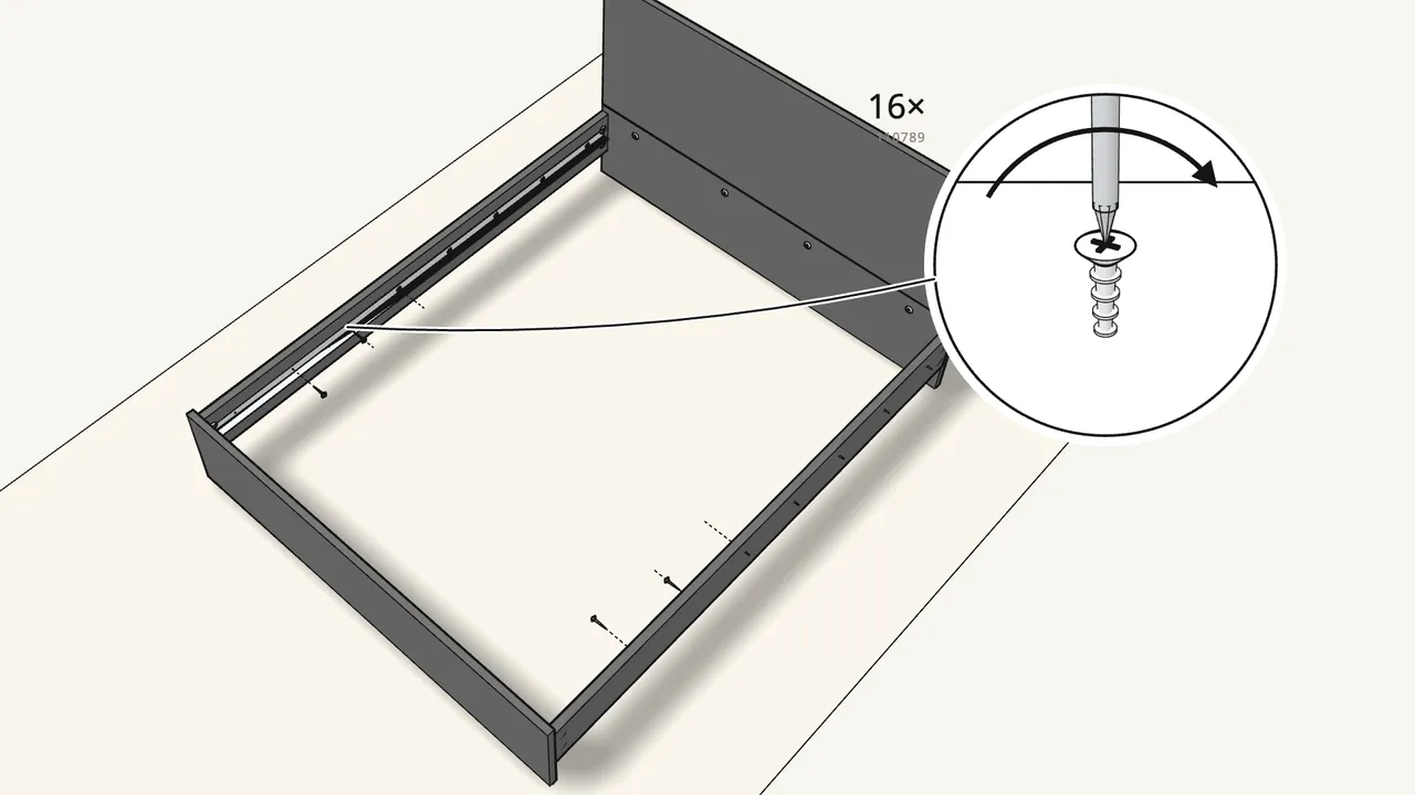 Step 12: Screw the metal slat supports to both side rails. — IKEA MALM assembly