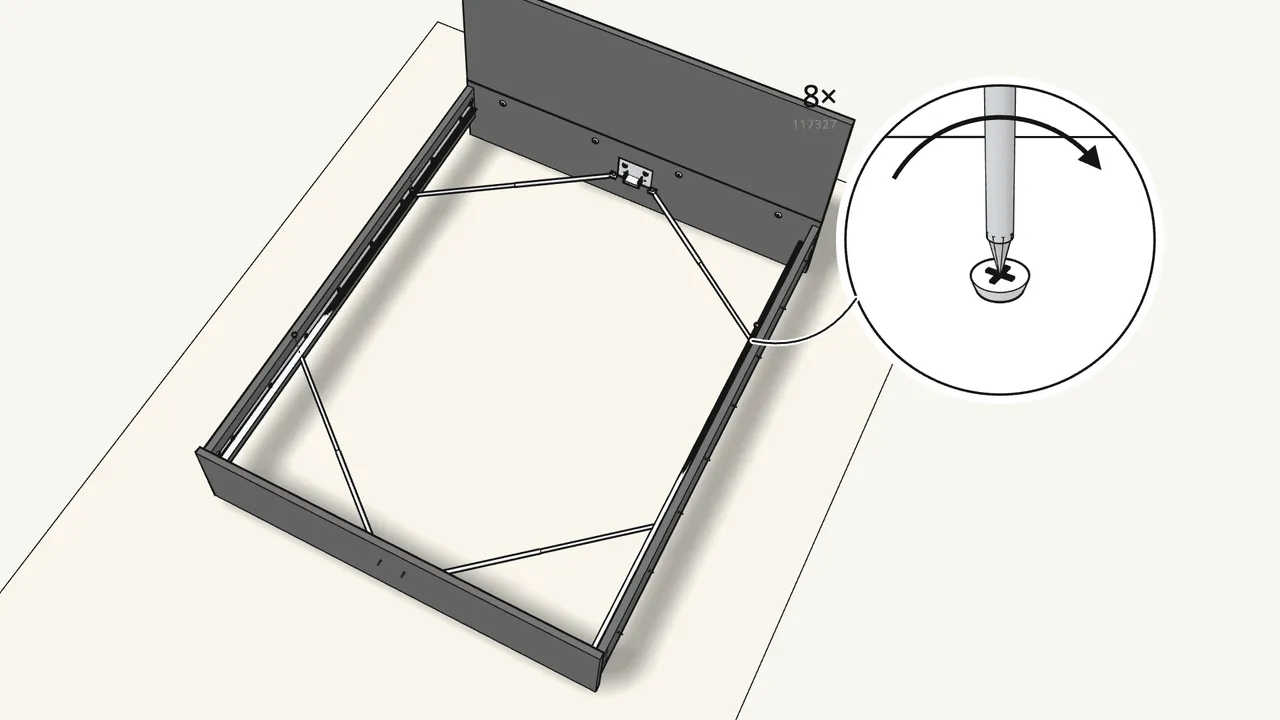 Step 14: Fit the 4 telescopic rods (117228) between brackets and rails. — IKEA MALM assembly